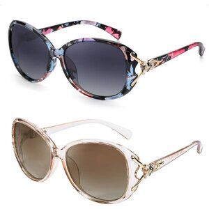 Women 2pcs Floral/Grey+gradient Brown Trendy Polarized Oversized Big Sunglasses